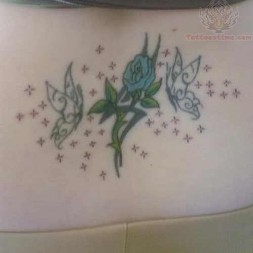 Blue Rose and Butterflies Tattoos On Lowerback